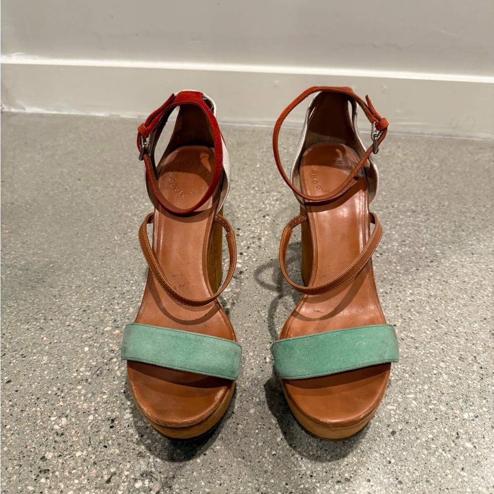 Marc By Marc Jacobs Camel Suede Platforms with Orange-Red, Green & White Straps